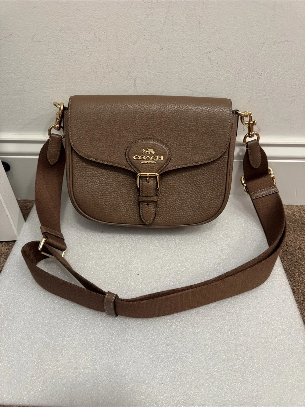 Coach Amelia saddle crossbody bag dark stone taupe color